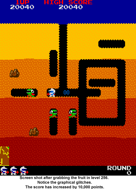 Screen shot of Dig Dug level 256 being patched half way