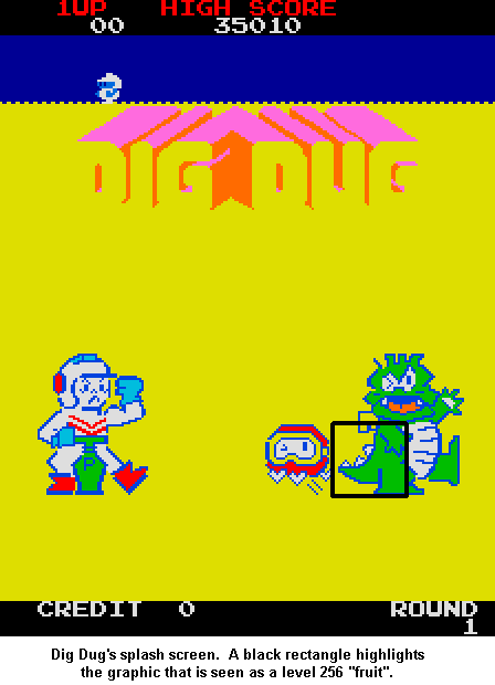Screen shot of the Dig Dug attract mode screen with part of the Fygar Highlighted