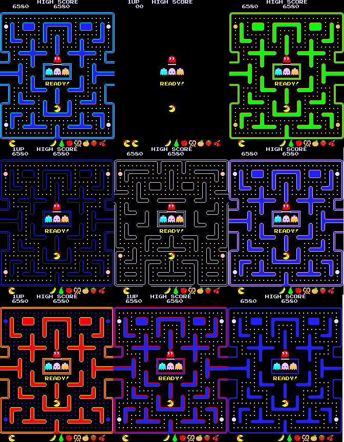 Ms. Pac Man Montage of high levels with color bugs